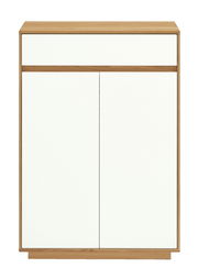 Moderne Kommode mit weißer Front und Holzrahmen, Frontalansicht