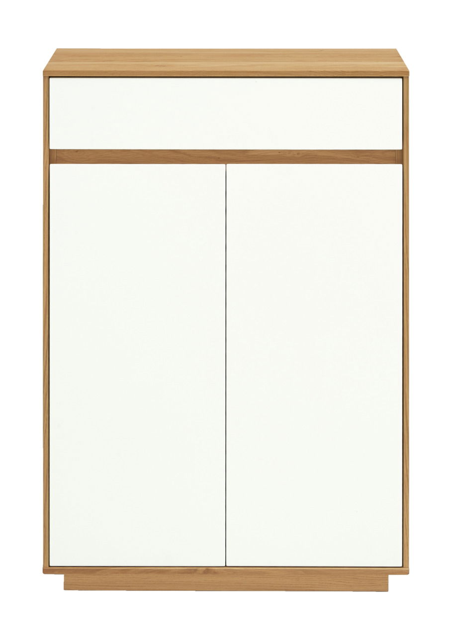 Moderne Kommode mit weißer Front und Holzrahmen, Frontalansicht