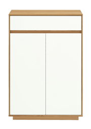 Moderne Kommode mit weißer Front und Holzrahmen, Frontalansicht