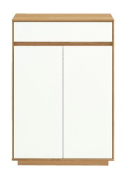 Moderne Kommode mit weißer Front und Holzrahmen, Frontalansicht