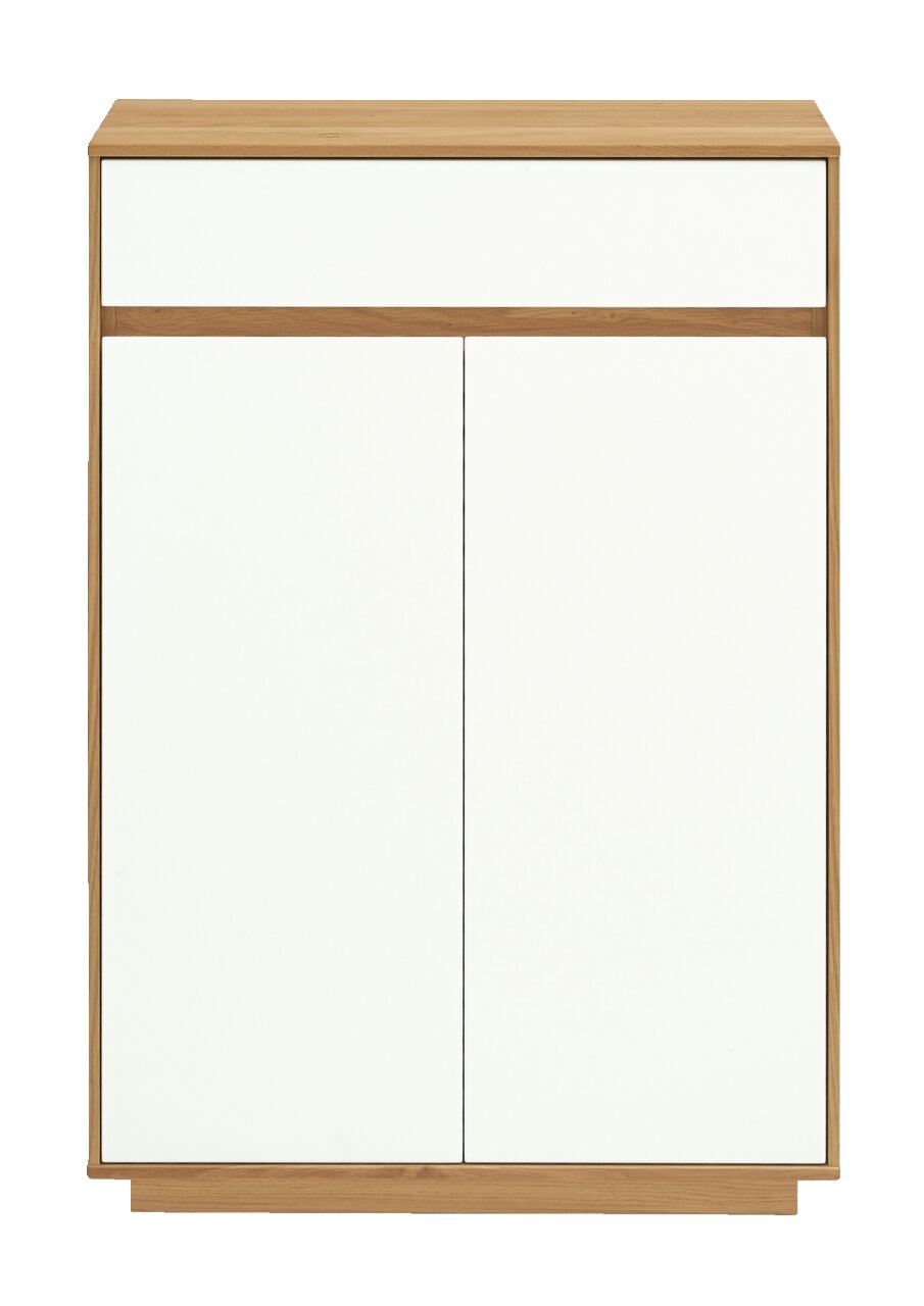 Moderne Kommode mit weißer Front und Holzrahmen, Frontalansicht