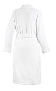 Rückansicht eines weißen Bademantels mit Schalkragen und Gürtel in Größe 38