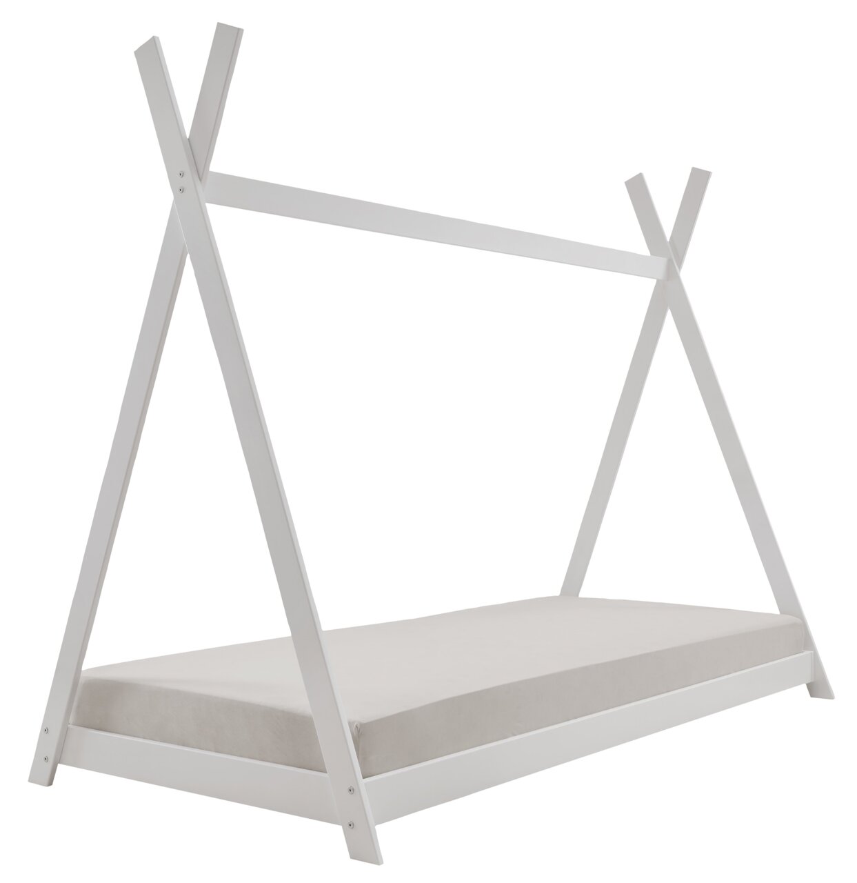 Weißes Tipibett aus Holz in seitlicher Perspektive