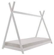 Weißes Tipibett aus Holz in seitlicher Perspektive