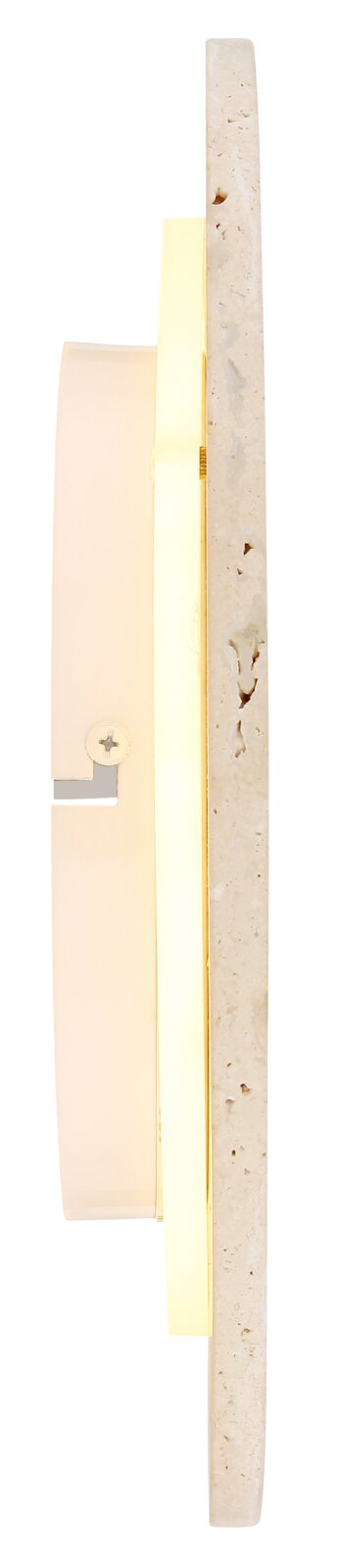 Seitliche Ansicht einer runden LED-Wandleuchte mit warmweißem Licht, opalem Diffusor und goldfarbenem Rand auf einer beigefarbenen Natursteinplatte vor weißem Hintergrund