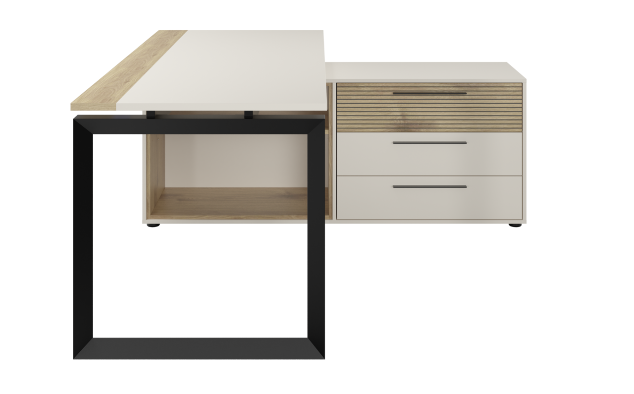 Frontansicht eines modernen Eckschreibtischs mit Container, weiß und holzfarben, mit schwarzem Metallrahmen.