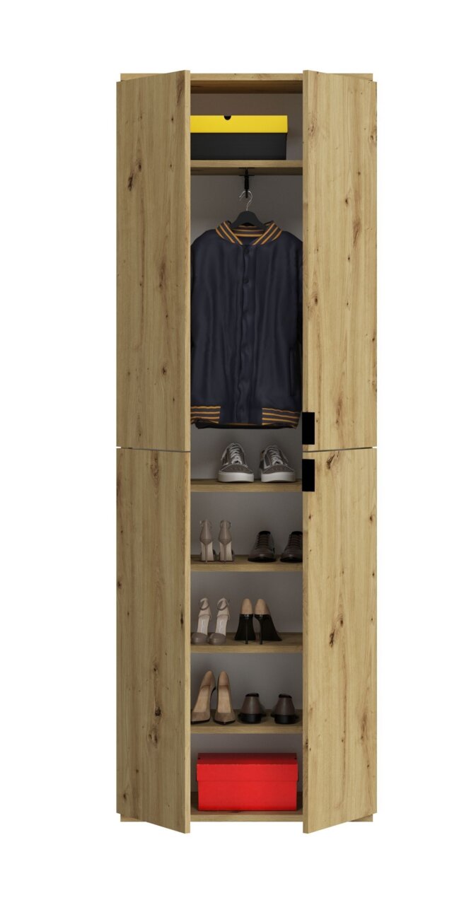 Frontale Ansicht einer Garderobenkombination aus Holz mit offenen Türen, die Jacken, Schuhe und Aufbewahrungsboxen zeigt.