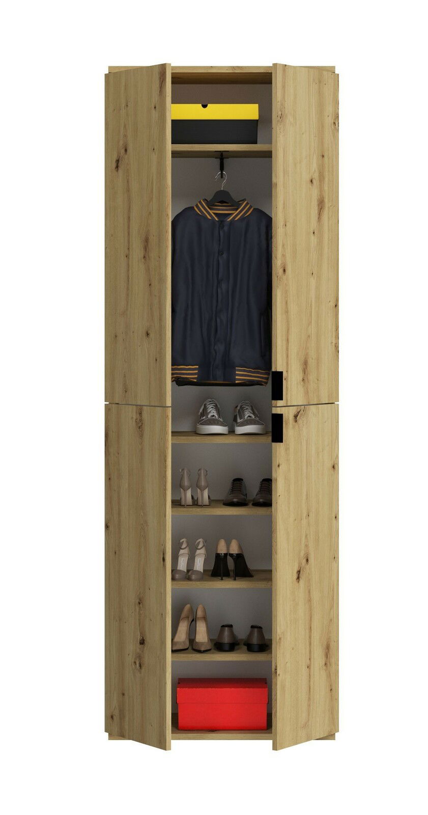 Frontale Ansicht einer Garderobenkombination aus Holz mit offenen Türen, die Jacken, Schuhe und Aufbewahrungsboxen zeigt.