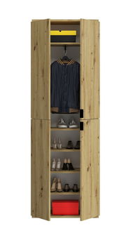 Frontale Ansicht einer Garderobenkombination aus Holz mit offenen Türen, die Jacken, Schuhe und Aufbewahrungsboxen zeigt.