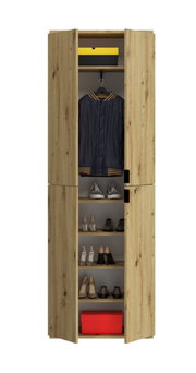 Frontale Ansicht einer Garderobenkombination aus Holz mit offenen Türen, die Jacken, Schuhe und Aufbewahrungsboxen zeigt.