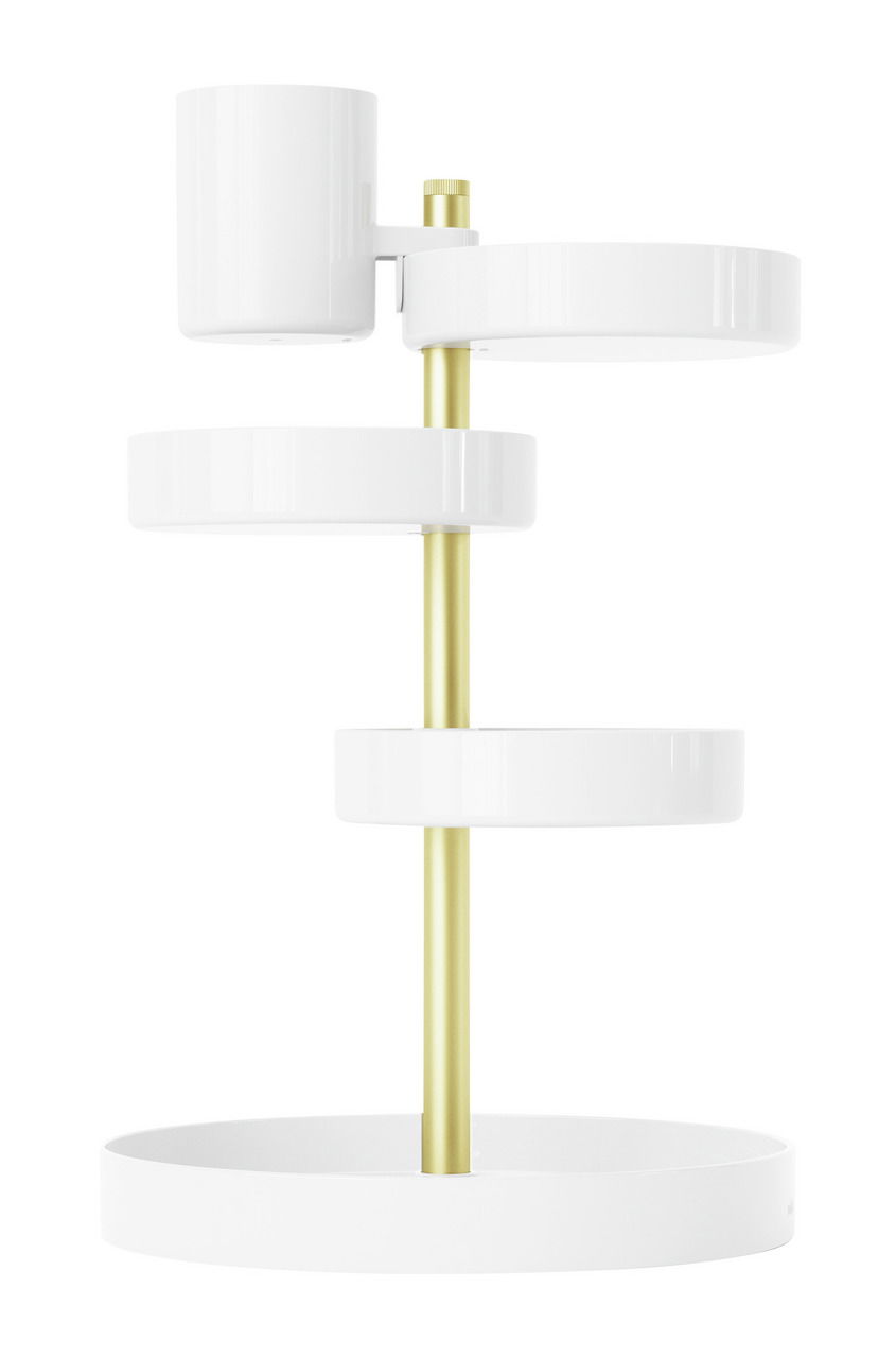 Moderner weißer und goldener Organizer mit mehreren drehbaren Ablagen, seitliche Perspektive.