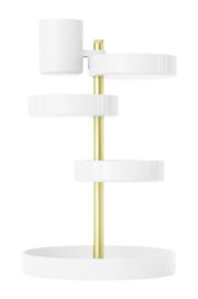 Moderner weißer und goldener Organizer mit mehreren drehbaren Ablagen, seitliche Perspektive.