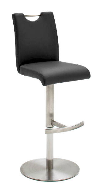 Novel Barhocker ALESI Moderner Barhocker mit schwarzem Sitz und Rückenlehne, verchromtem Gestell und Fußstütze, seitliche Perspektive