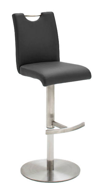 Moderner Barhocker mit schwarzem Sitz und Rückenlehne, verchromtem Gestell und Fußstütze, seitliche Perspektive
