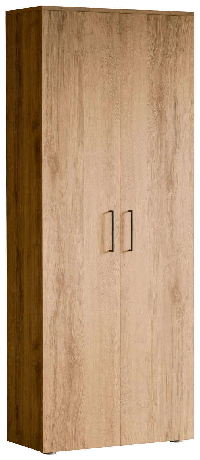 Hochformatiger Schuhschrank aus Holz mit zwei Türen und schwarzen Griffen, seitliche Perspektive