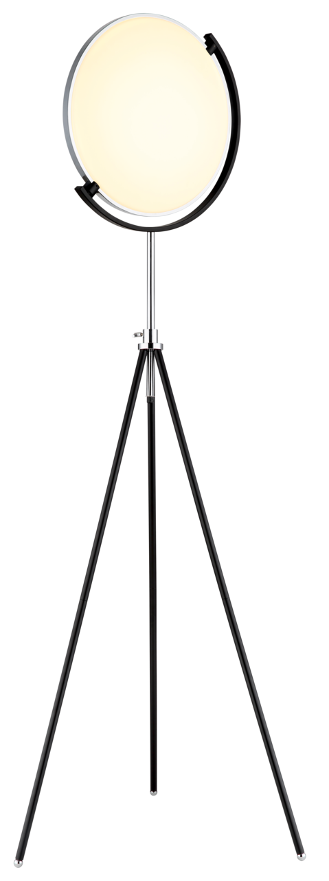 Moderne LED-Stehleuchte mit rundem Lampenschirm auf einem dreibeinigen Stativ, frontal betrachtet.