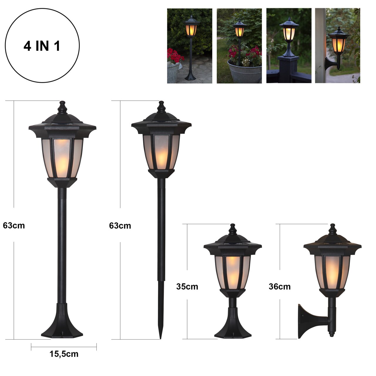 4-in-1 zonne-tuinlantaarn in zwart met warm wit licht, te gebruiken als staande lamp, grondspies, sokkellamp en wandlamp (63 cm/35 cm/36 cm), productafbeelding van voren op een witte achtergrond met afmetingen