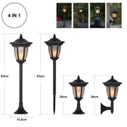 4-in-1 zonne-tuinlantaarn in zwart met warm wit licht, te gebruiken als staande lamp, grondspies, sokkellamp en wandlamp (63 cm/35 cm/36 cm), productafbeelding van voren op een witte achtergrond met afmetingen