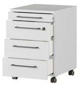 Weißer Rollcontainer mit vier Schubladen, teilweise geöffnet, auf Rollen, seitliche Perspektive