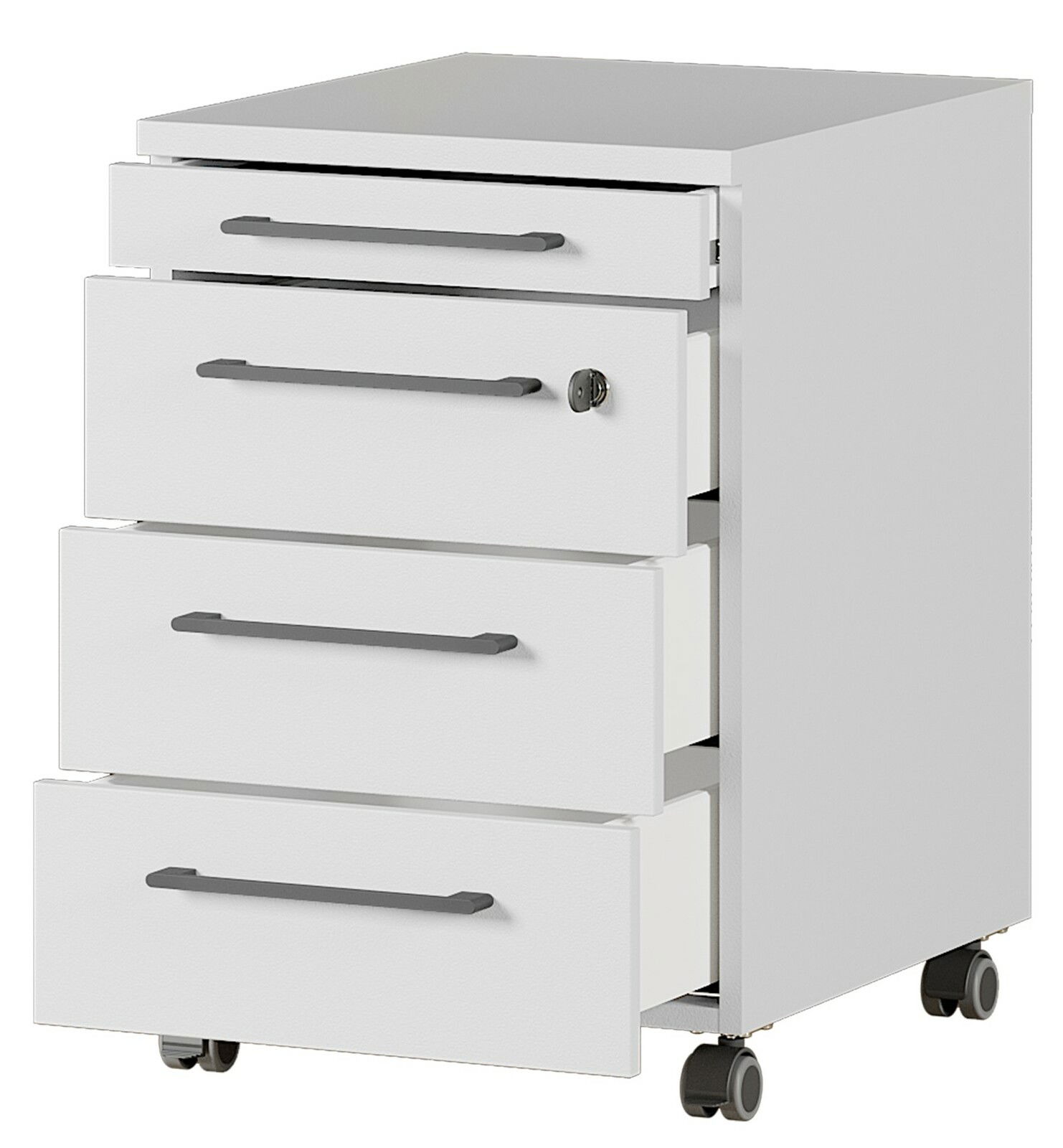 Weißer Rollcontainer mit vier Schubladen, teilweise geöffnet, auf Rollen, seitliche Perspektive