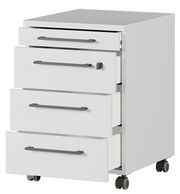 Weißer Rollcontainer mit vier Schubladen, teilweise geöffnet, auf Rollen, seitliche Perspektive