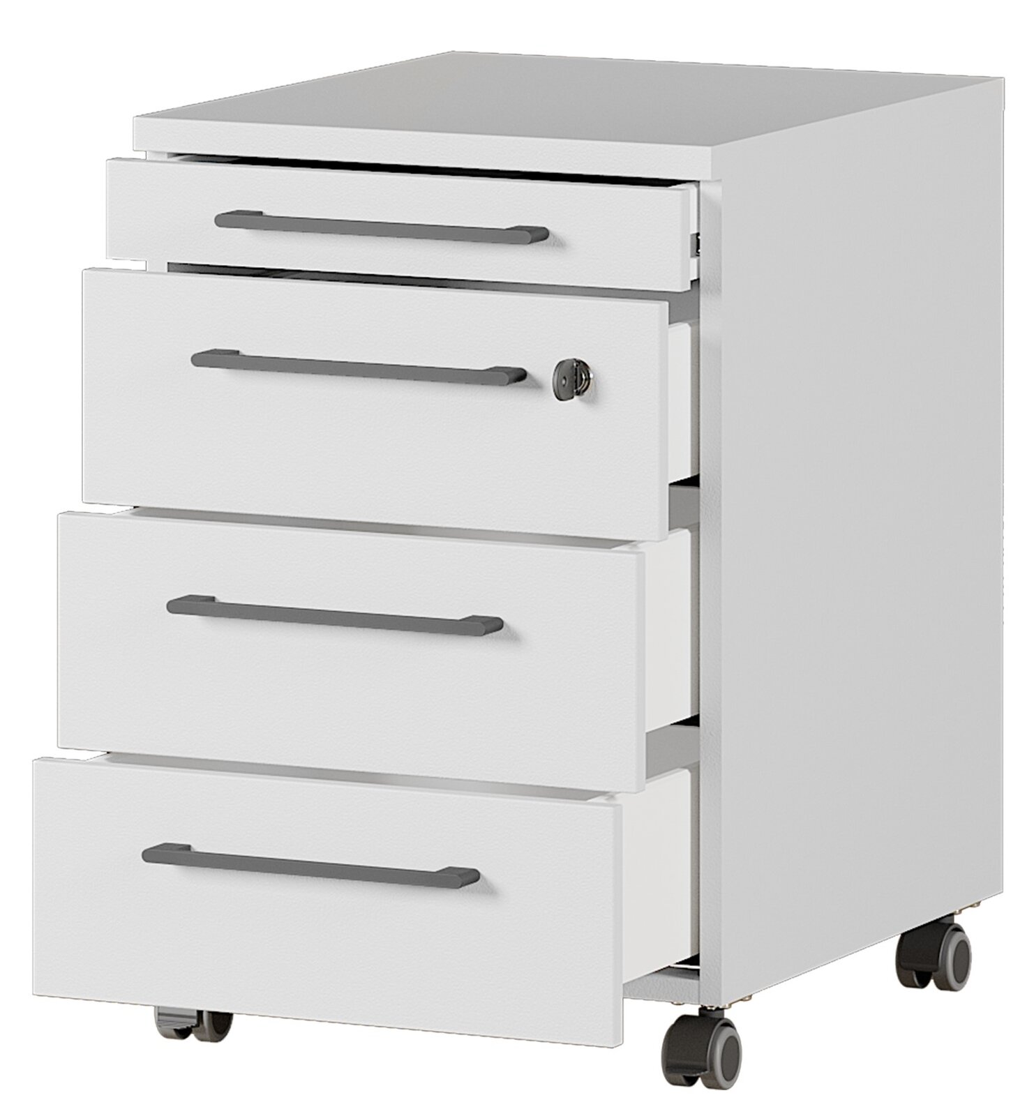 Weißer Rollcontainer mit vier Schubladen, teilweise geöffnet, auf Rollen, seitliche Perspektive