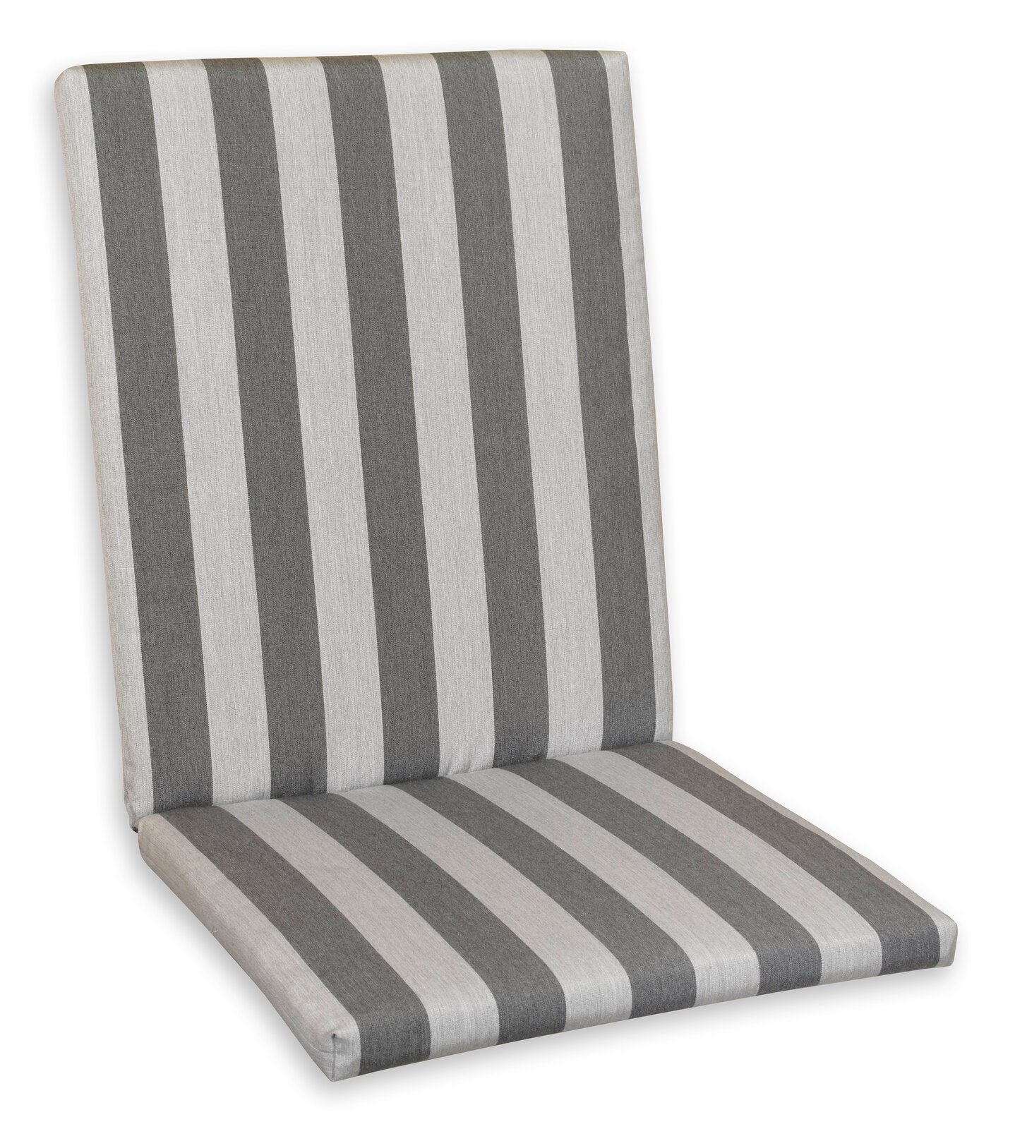 Gestreifte Mittellehnerauflage in Grau und Weiß, seitliche Perspektive