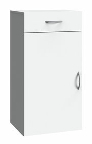 Weiße Kommode mit einer Schublade und einer Tür, seitliche Perspektive