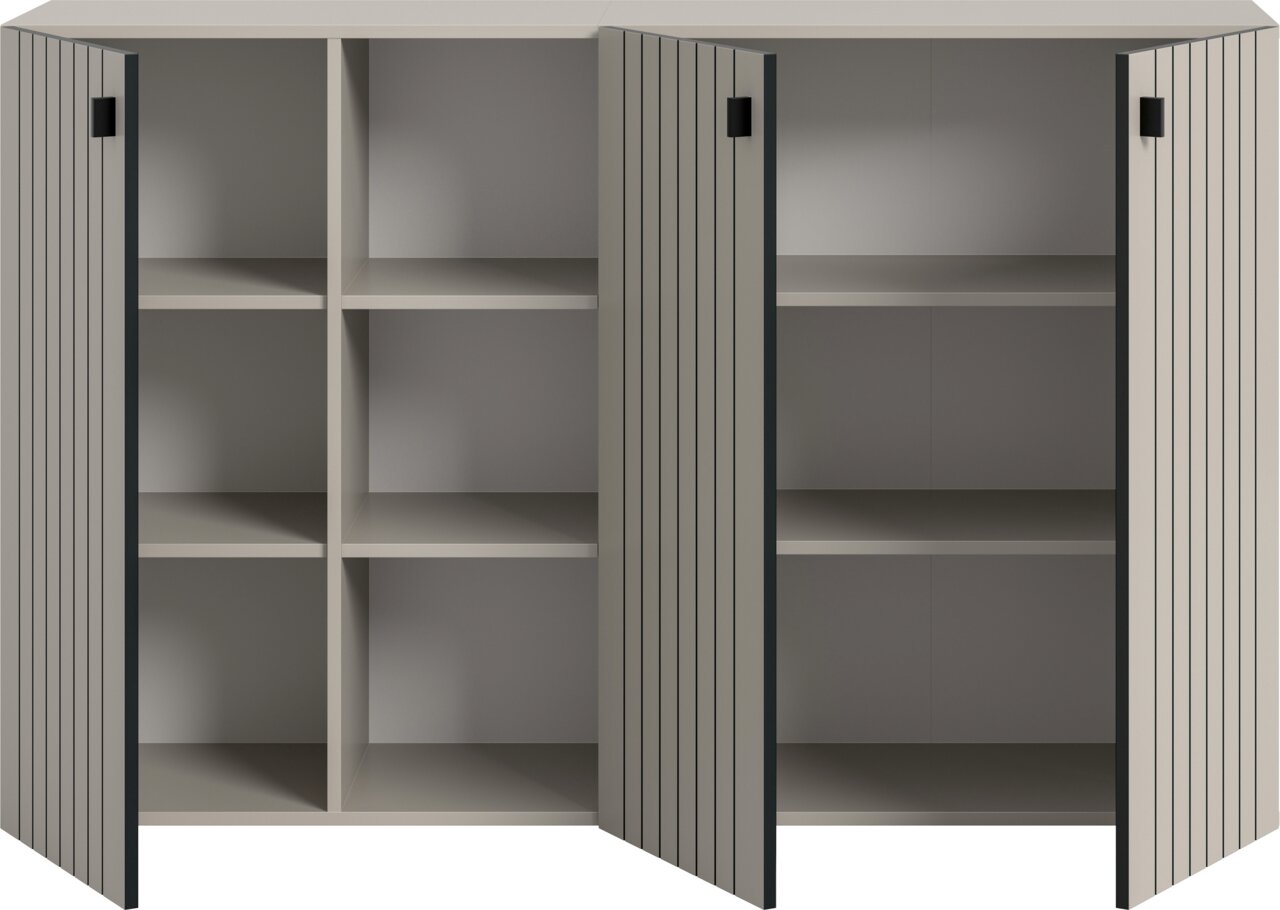 Moderner zweitüriger Schrank in Grau mit geöffneten, vertikal gerillten Türen und mehreren Innenfächern, frontale Ansicht.