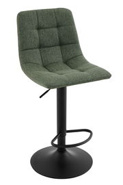 Grüner Barhocker mit gepolsterter Sitzfläche und schwarzem Metallgestell, seitliche Perspektive