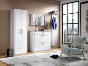 Moderne Garderobenkombination in einem hellen Raum mit großem Fenster, bestehend aus einem Mehrzweckschrank, einem Schuhschrank, einem Spiegel und einer Garderobe. Perspektive von vorne.