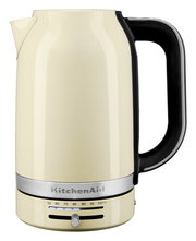 Beiger Wasserkocher mit Temperaturanzeige und schwarzem Griff, seitliche Perspektive