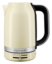 Beiger Wasserkocher mit Temperaturanzeige und schwarzem Griff, seitliche Perspektive