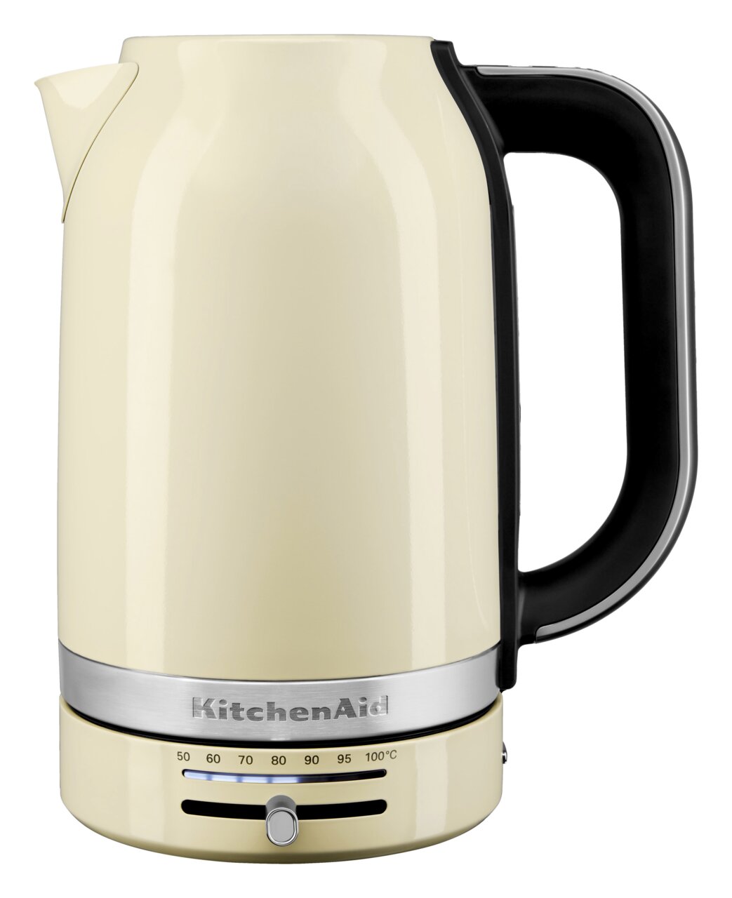Beige waterkoker met temperatuurweergave en zwarte handgreep, zijaanzicht