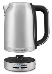 Silberner Wasserkocher mit schwarzem Griff und Temperaturregler, seitliche Ansicht