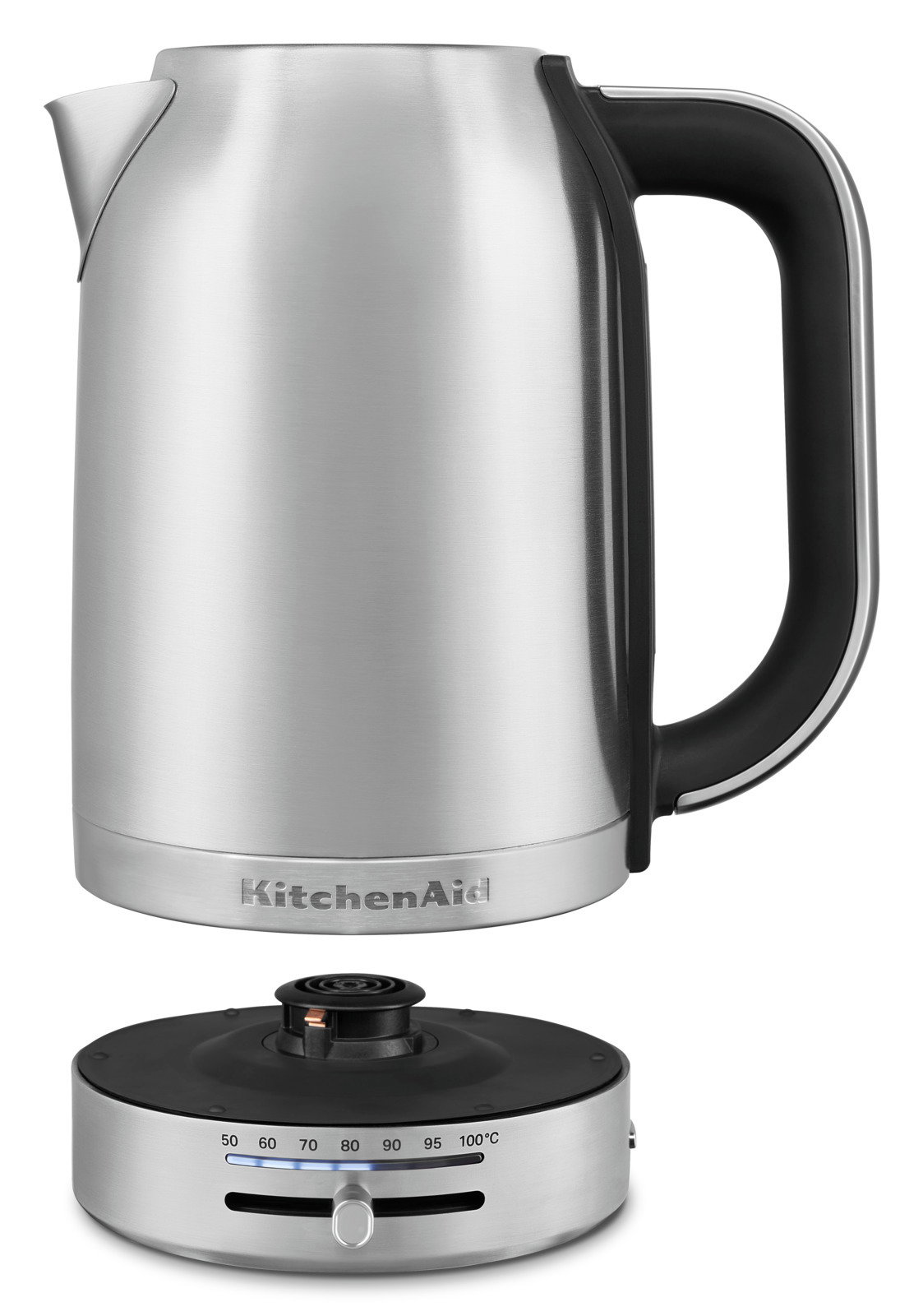 Silberner Wasserkocher mit schwarzem Griff und Temperaturregler, seitliche Ansicht