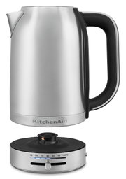 Silberner Wasserkocher mit schwarzem Griff und Temperaturregler, seitliche Ansicht