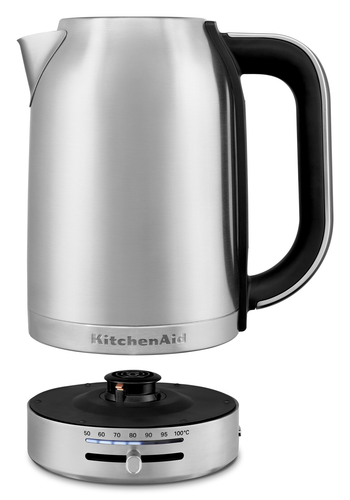 Silberner Wasserkocher mit schwarzem Griff und Temperaturregler, seitliche Ansicht