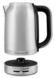 Silberner Wasserkocher mit schwarzem Griff und Temperaturregler, seitliche Ansicht
