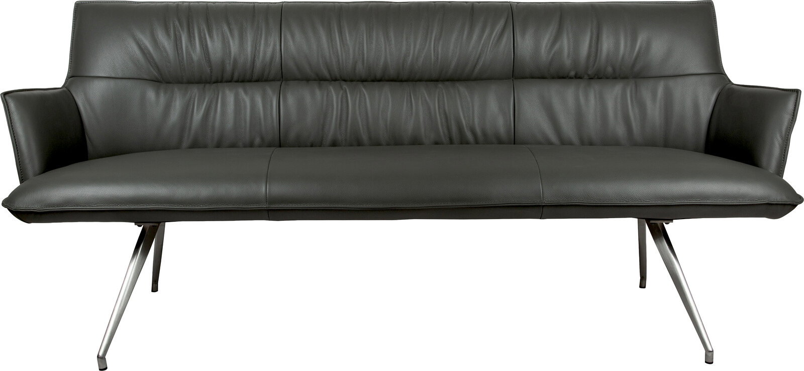 Dunkelgraues 3-Sitzer-Ledersofa mit gepolsterter Rückenlehne, Armlehnen und schrägen Metallbeinen, freigestellt auf weißem Hintergrund, Frontansicht.