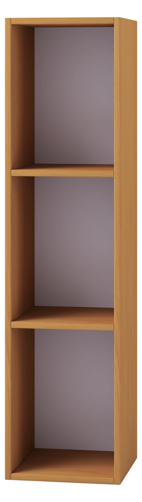 Schmales, offenes Regal aus hellem Holz mit drei Fächern, freigestellt, Ansicht schräg von vorne (Front-/Seitenperspektive).