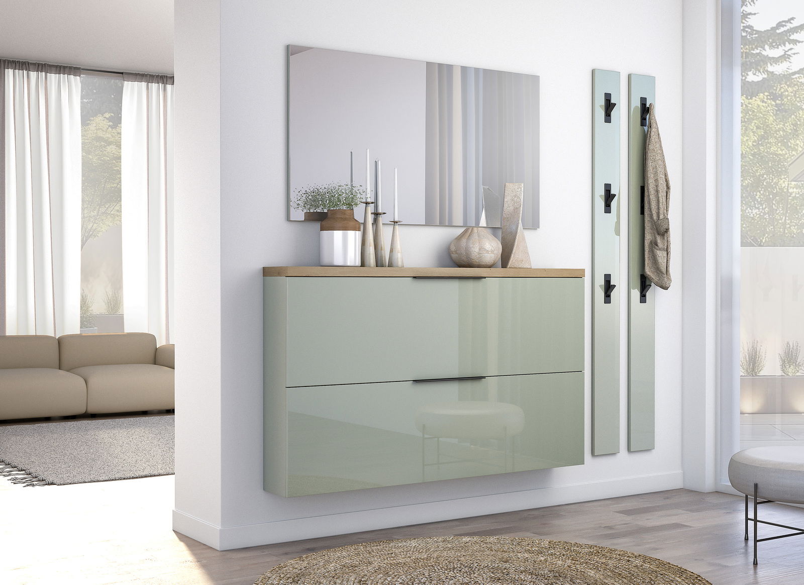 Moderner Hängeschuhschrank in hellem Raum, seitliche Perspektive