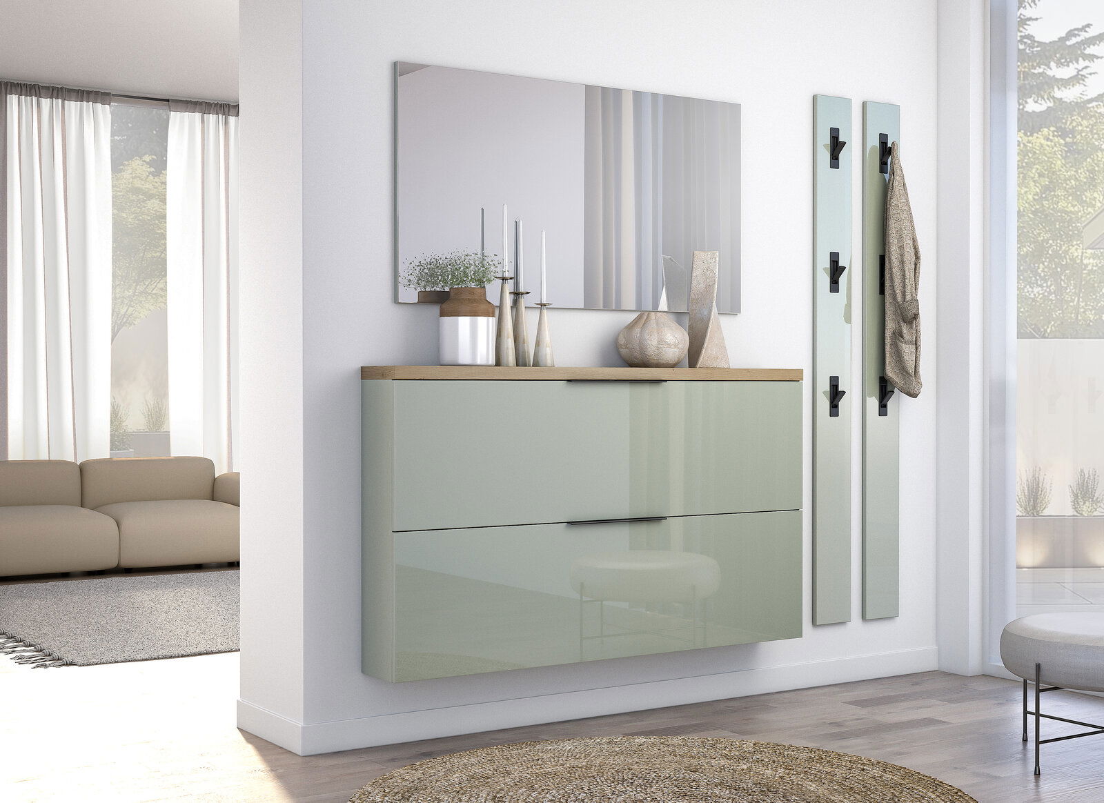 Moderner Hängeschuhschrank in hellem Raum, seitliche Perspektive