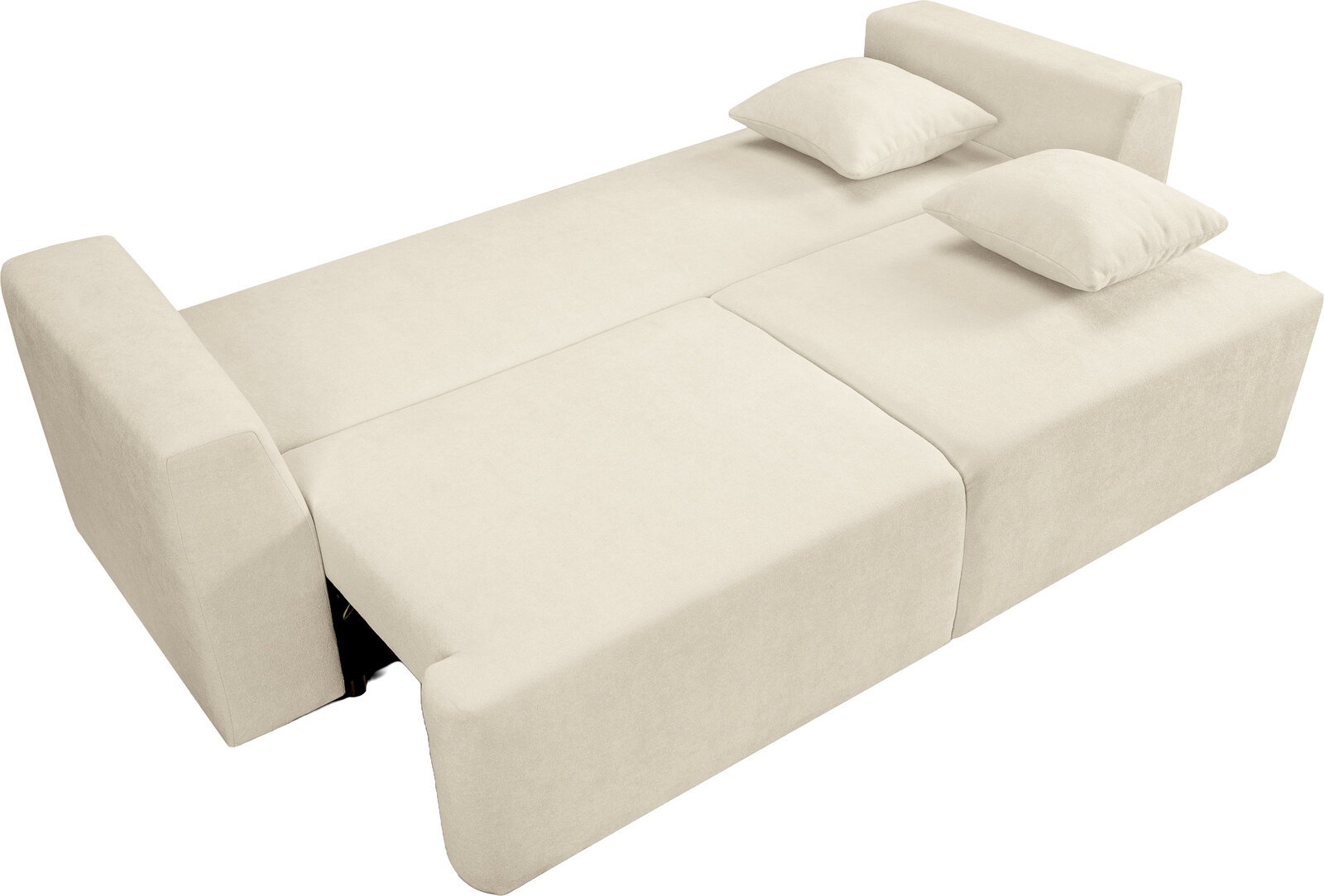 Ausziehbares Schlafsofa in Creme/Beige mit zwei Kissen, als Bett ausgeklappt, Ansicht schräg von oben (3/4-Perspektive) vor weißem Hintergrund
