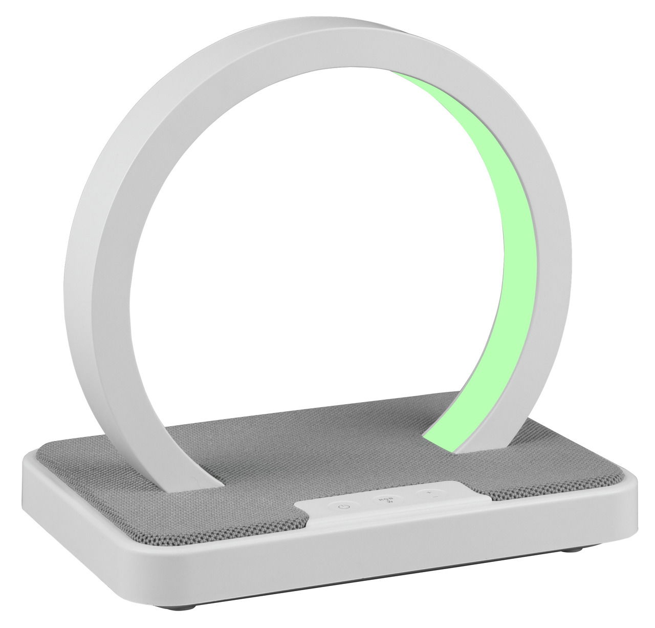 Moderne LED-Tischlampe in Ringform mit grünem Licht, seitliche Perspektive