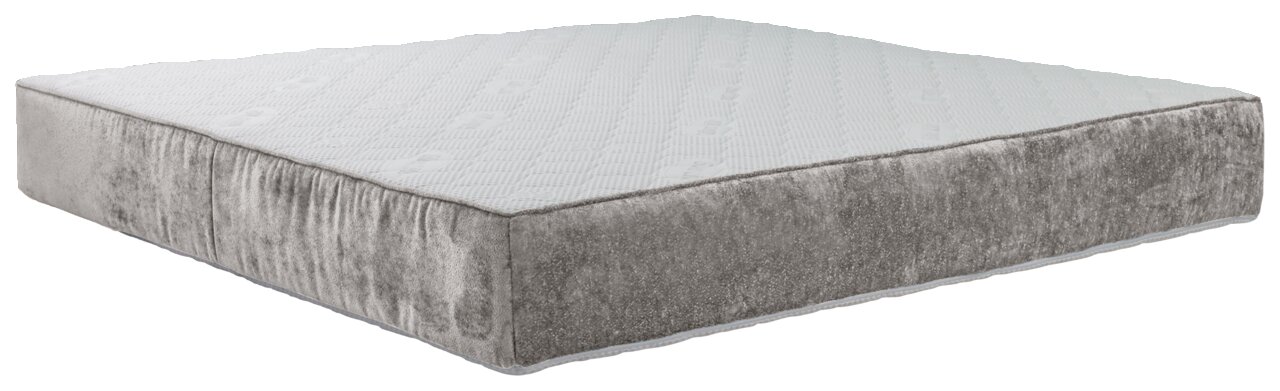 Seitliche Perspektive auf eine graue Polstermatratze mit weißer Oberseite.