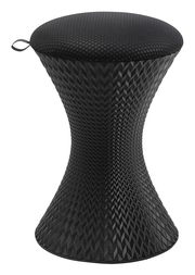 Schwarzer Gaming Hocker mit geometrischem Muster, seitliche Perspektive