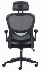 Rückansicht eines ergonomischen Drehstuhls mit Netzrückenlehne, Kopfstütze und Armlehnen.