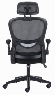 Rückansicht eines ergonomischen Drehstuhls mit Netzrückenlehne, Kopfstütze und Armlehnen.