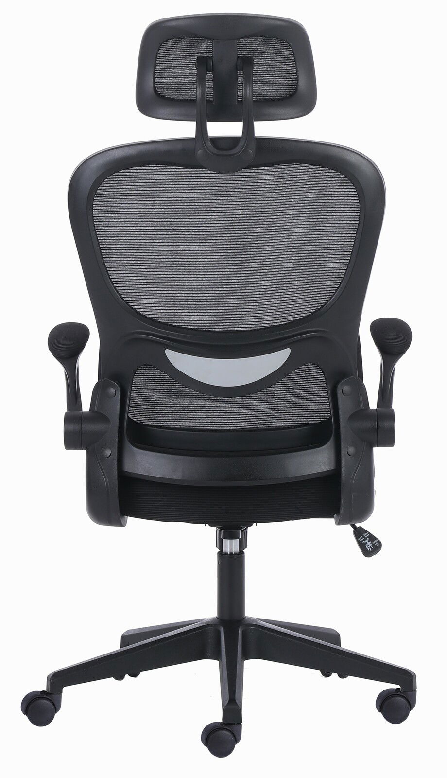 Rückansicht eines ergonomischen Drehstuhls mit Netzrückenlehne, Kopfstütze und Armlehnen.